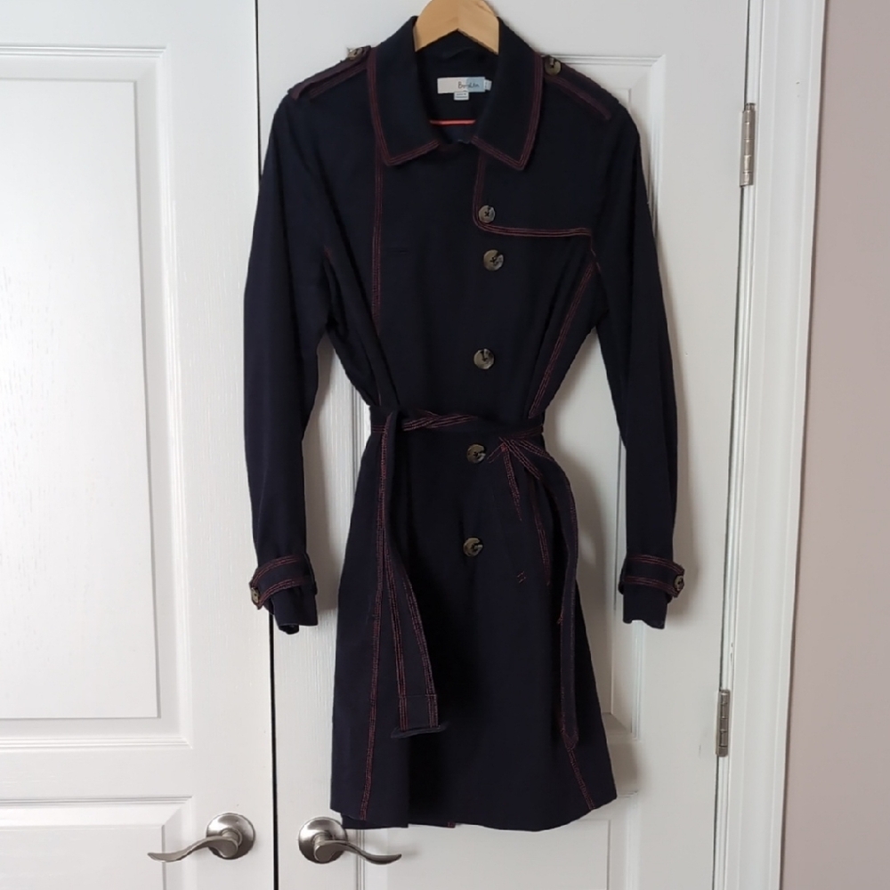 Boden Navy Trench Coat with Red Stitching Size 10T Offers Welcome. Fun Lining.